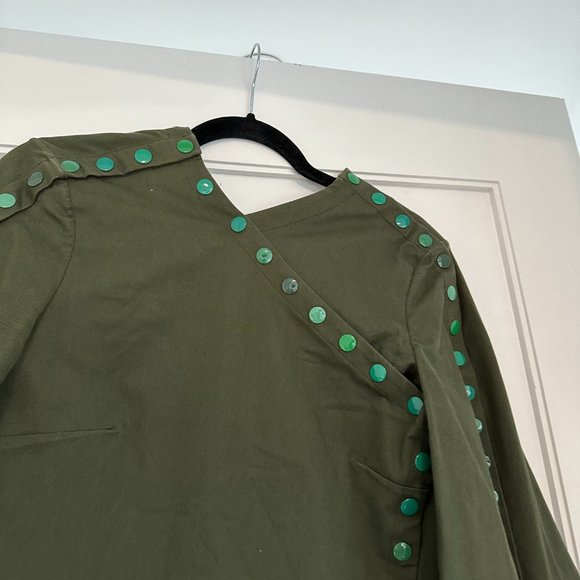 Rosie Assoulin Tunic Top Flared Sleeves V-neck Snap Buttons Detailing Sz M Green - Picture 9 of 12